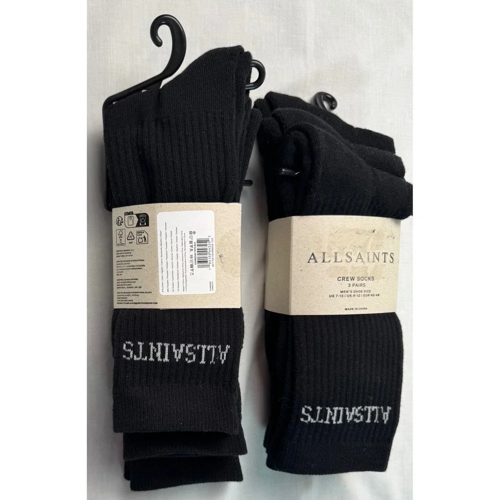 AllSaints Mens 6 Pair Crew Socks Black Ribbed Cotton Logo US 7-13